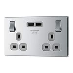 BG Electrical Screwless Flat Plate Double Switched Fast Charging, Power Socket with Two USB Charging Ports, 13 A, Polished Chrome with Grey Inserts