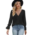 IHCEMIH Women Tops, Women's Long Sleeve Blouses V Neck Eyelet Puff Sleeve Lace Shirt Dressy Casual Work Top Basic Blouse Autumn Clothes Classy Outfits for Ladies UK Black M