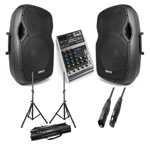 Komplett set med högtalare, stativ, mixer och kablar, Set med 2x 12" aktiva högtalare, mixer, stativ och kablar