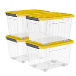 Cetomo 80L*4 Boîtes de Rangement avec Couvercles, Boîte de Rangement en Plastique avec Clips et Roulettes, Empilables, Encastrables, pour Placard de Bureau à Domicile, Clair & Jaune, 80L, Lot de 4