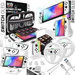 Orzly Accessories Kit Bundle Compatible with Nintendo Switch OLED Console (Not 2017 Edition Compatible) Ultimate Geek Pack with Case and Screen Protector and Much More - Ice White Gift Boxed