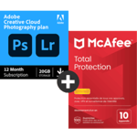 Pack Adobe Photoshop + Lightroom (Creative Cloud Photo 20 Go) + McAfee Total Protection - 10 appareils - Renouvellement 1 an