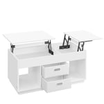 VASAGLE Table Basse, Table de Salon Relevable avec 2 Tiroirs et Compartiments Cachés, Compartiments Ouverts, pour Salon, Bureau à Domicile, Blanc Neige LCT210W01