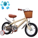 JACK'S CAT 12" 14" 16" 18" Kids Bike, 2-12 Year Old Boys and Girls Carbon Steel Children's Bicycles, With Training Wheels, Basket and Protective Equipment,Beige,18in