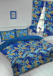 SINGLE BED DUVET COVER SET HERON BLUE GOLD NAVY FLORAL REVERSIBLE BEDDING