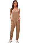 SotRong Womens Casual Harem Jumpsuit V Neck Baggy Romper Playsuit Summer Boho Loose Fit Sleeveless Overall Trousers Khaki L