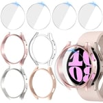 Jvchengxi Coque Verre Trempé pour Samsung Galaxy Watch 6 44mm Protection Écran, 4+4Pièces Anti-rayures PC Etui + HD Protecteur D'écran en Verre Trempé (OrRose+SableRose+LumièreStellaire+Clair)