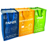 Lot de 3 Sacs de Tri Selectif colorés - Poubelle Tri Selectif 3 Bacs - Bac Tri Selectif Plastique, Papier et Verre [Capacité de poubelle recyclage 174L] (Bleu/Jaune (Version Emballages 2023) / Vert)