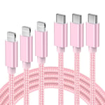 Lot De 3 Câble Usb C À Lightning Charge Iphone Rapide Mfi Certifié 123M, Nylon Chargeur Lightning Usb C Pour Iphone 12 13 Mini 11 Pro X Xr Xs Max 8, Ipad Pro 2018/Air 2019, Fil C-Lightning Rose