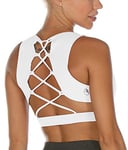 icyzone Strappy Sports Bra for Women - Gym Workout Yoga Bra with Removable Cups (L, Off White)