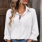 (White XL)Women Button Up Shirt Turn Down Collar V Neck Solid Color Long BGS