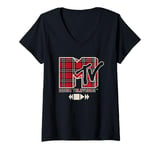 Womens MTV Music Television Plays Grunge Plaid Big Chest Logo V-Neck T-Shirt