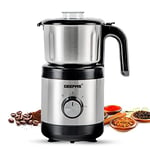 Geepas Coffee Grinder Food Processor 450W Electric Wet & Dry Grinder Coffee Mill Stainless Steel Jar & Blades for Coffee Spice Spices Chutney, 2 Speed Pulse - Detachable Bowl, 800ML Capacity, Silver