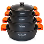 WECOOK! EcoChef Batterie de Cuisine à Induction 8 Pièces, Fonte d'aluminium, 4 Casseroles, Antiadhésif QuanTanium + Stone sans PFOA, Ensemble de Casseroles, Couvercles en Verre, Vitrocéramique, Gaz