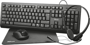 Primo Kit Télétravail 4-En-1 Clavier Français Azerty,Souris Sans Fil,Casque Avec Micro,Tapis,Pack De Visioconférence,Ensemble Pour Bureau,Travail,Windows,Mac,Pc,Portable-Noir