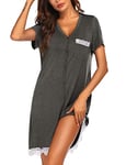 Ekouaer Chemise de Nuit Femme Maternité Robe de Nuit été Coton Nuisette Allaitement Col V Pyjama Sexy Manches Courtes, Gris Foncé, XXL