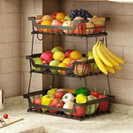 GILLAS Corbeille à fruits à 3 niveaux avec 2 cintres pour bananes pour cuisine, organiseur amovible en métal pour pain, légumes, fruits avec poignée en bois, bols de rangement rectangulaires de grande