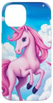 iPhone 14 Pink Unicorn with Clouds and a Bright Rainbow Case