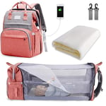 SNDMOR Baby Changing Bag Backpack, Nappy Changing Bags Large Capacity, Portable Travel Diaper Bag with Foldable Cot Bed, Baby Bed Backpack (Pink&Grey)