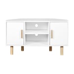 Meuble TV d'angle LILA - 2 portes - Décor mélaminé Blanc - Pieds en bois massif - L90 x P35 x H55 cm