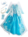 Eleasica Petites Filles Robe Longue Déguisements Manches Longues Princesse Elsa Reine des Neiges Costume et Accessoires Diadème Gants Baguette Magique et Tresse Bleu Robe de Soirée, Bleu, 140