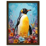 Artery8 King Penguin in Colourful Floral Flowers Nest Thick Paint Oil Painting Yellow Black Blue Colourful Artwork Framed A3 Wall Art Print