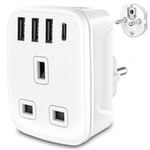 Travel Adapter UK to European Plug Adapter with USB C, Grounded EU 4 USB Charger Europe Power Plug Adaptor for Germany France Spain Italy Poland Greece Iceland Turkey Netherlands and More (Type E/F)