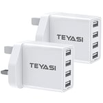 2 Pack USB Plug Adaptor UK,Multi USB Charger Plug UK 4 Port 3 Pin USB Wall Charger 25W/5V/2.4A Multiple Mains Charger Power Adapter Fast Charging for iPhone 13 12 11 10 XS Max XR X 8 7 6 Samsung