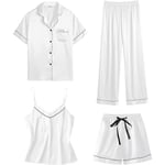 Dam 4-delad pyjamas set i siden satin sovkläder sexig pjs loungewear White S