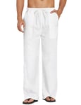 COOFANDY Mens Trousers Linen Summer Trousers Beach Yoga Pants Loose Fit Lightweight Trousers Casual Linen Pants 1- White XL