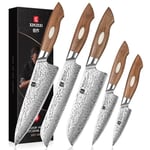 XINZUO 5 Pièces Set Couteaux de Cuisine Damas en Acier AUS-10, Lot de Couteau de Chef Professionnel en Acier Japonais, Couteau de Chef Santoku Pain Universel Fruits -Poignée en Bois de Noyer Noir