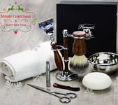 Graceful Men's Grooming Shaving Set Pure Wood & Steel Home Salon Gift with Towel