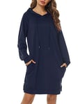 Sykooria Sweat à Capuche Long Femme Hoodies Robe Pull à Manches Longues Automne Hiver Sweat-Shirt Pullover,XL,Bleu Foncé