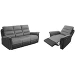 Loungitude - relaxxo - Ensemble canapé relax manuel léon 3 pl + fauteuil manuel en microfibre et simili Gris/noir