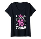 Womens Sweet Sixteen Squad Pink Crown Bday Girl 16th Celebration V-Neck T-Shirt