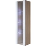 Vitrine murale 1 porte avec led Meuble de Rangement suspendu 40x165x29cm 4 compartiments Modèle Luke V5 Sonoma mat et Blanc Finition brillante