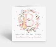 Personalised Baby Girl Card Welcome to the world Pink Floral Peter Rabbit & Name