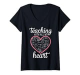 Womens Teacher's Valentine's Day Teaching With All My Heart V-Neck T-Shirt