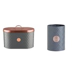 Typhoon Bread Bin, Stainless-Steel, Grey/Brown, 34 x 18.5 x 20 cm & Henrik Copper Utensil Holder - Hardwearing Steel Tinware with a Copper Badge Detail - Organise Kitchen Tools and Gadgets - Grey