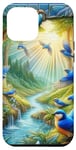 Coque pour iPhone 13 Pro Max Blue Birds in Flight Bordure vitrail Streaming Sunlight