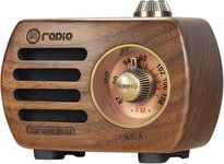 R-818 Radio Portable Rechargeable, Poste Radio Vintage en Bois de Noyer 100% Support Radio FM et Prise AUX, Bluetooth 5.0 Mini Radio Portable au Son et à la Basse HD