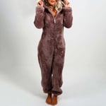 Höst/vinter pyjamas med huva för damer med plysch tjock plysch jumpsuit Björnbyxor Hemdräkt Overall ytterkläder Brown L