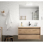 Meuble de salle de bain suspendu 100 cm Nevada en bois couleur chêne ostippo avec lavabo en porcelaine 100 cm - Avec double colonne, miroir et lampe