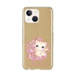 Coque pour Iphone 13 paillettes dore chat et fleur de cerisier