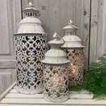 Set of 3 White Metal Lanterns Vintage Antique Candle Moroccan Garden Shabby Chic