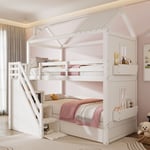 Lit superposé pour enfant 90x200cm - avec escalier de rangement + 2 tiroirs + étagères - en bois de pin et MDF - Blanc