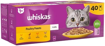 Whiskas 1+ Adult Wet Cat Food Poultry Selection in Jelly Adult 40 Pouches 40x85g