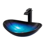 Vasque salle de bain avec robinet noir, lavabo salle de bain en verre trempé bleu, vasque à poser salle de bain ovale avec Bonde de Lavabo Pop Up et