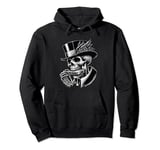 Skeleton Playing a Mouth Harp Harmonica,Wearing a Bowler Hat Pullover Hoodie