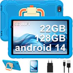 Tablette enfants 10 pouces, tablette Android 14 avec 5G Wifi, 22 Go RAM + 128 Go ROM | Contrôle parental | 8000 mAh | Octa Core | 5 + 8 MP | Protection en EVA antichoc + Support pivotant à 360° - Bleu